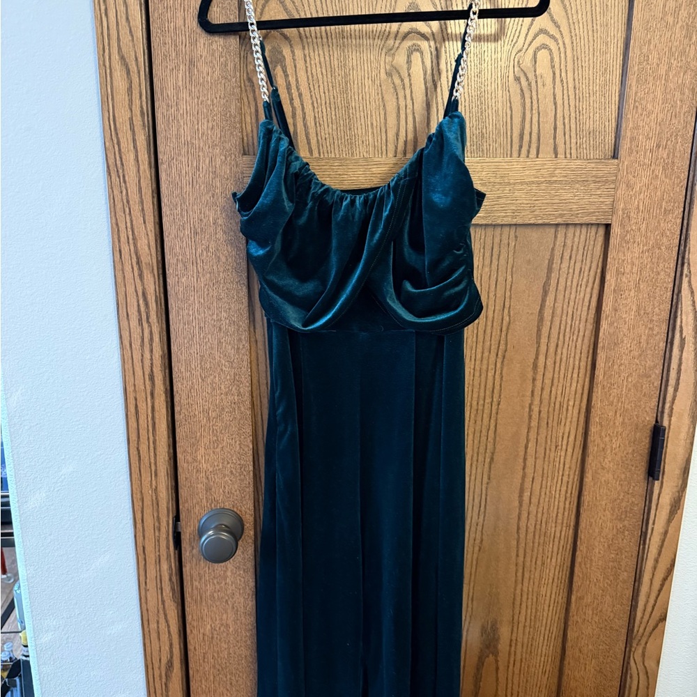 Cider Teal Velvet Jumpsuit with Chain Straps